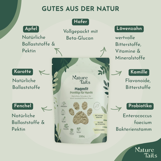 Nature Tails – MAGENFIT Hunde Porridge mit Prä- & Probiotika gegen Magenprobleme | Darmkur | verbesserte Verdauung | Barf-Zusatz | Leckere Schonkost | Natürliche Zutaten | Fester Kot