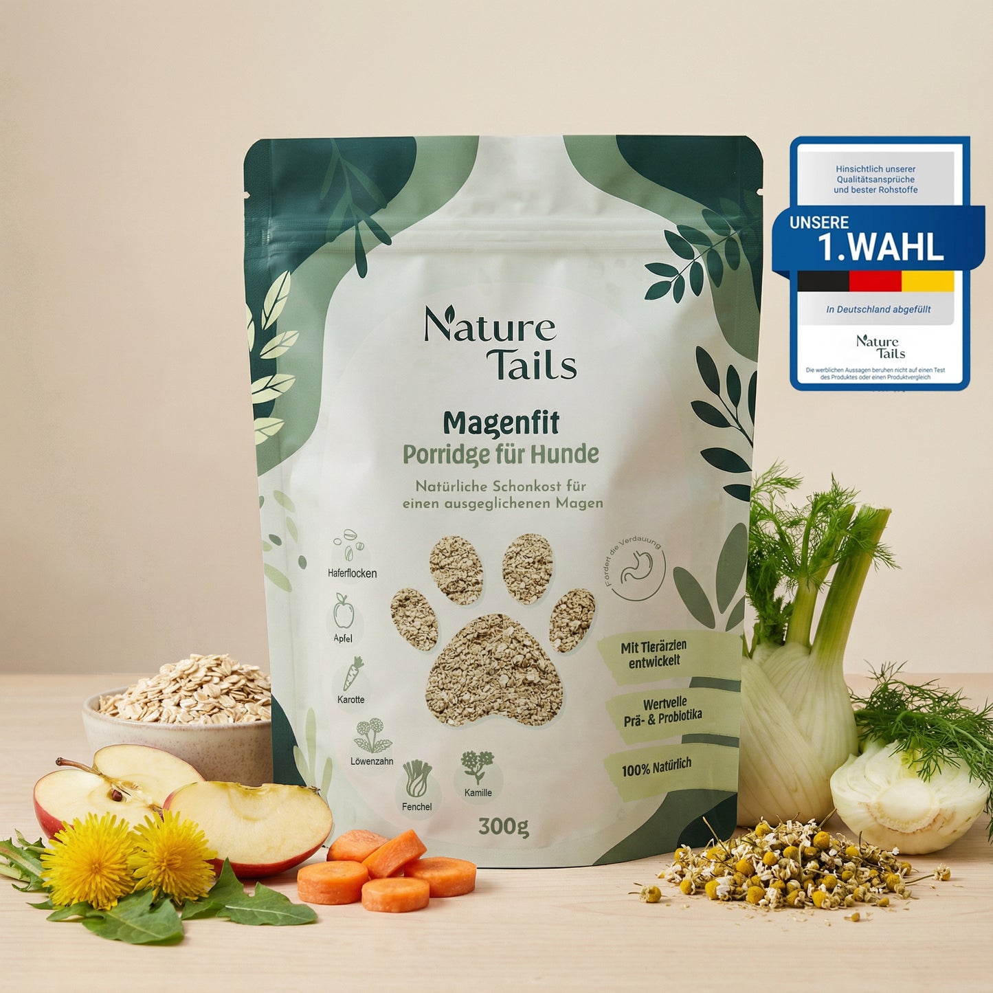 Nature Tails – MAGENFIT Hunde Porridge mit Prä- & Probiotika gegen Magenprobleme | Darmkur | verbesserte Verdauung | Barf-Zusatz | Leckere Schonkost | Natürliche Zutaten | Fester Kot
