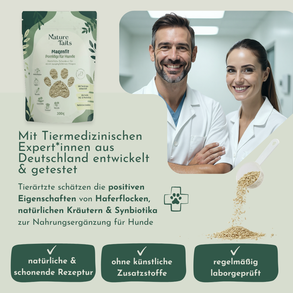 Nature Tails – MAGENFIT Hunde Porridge mit Prä- & Probiotika gegen Magenprobleme | Darmkur | verbesserte Verdauung | Barf-Zusatz | Leckere Schonkost | Natürliche Zutaten | Fester Kot