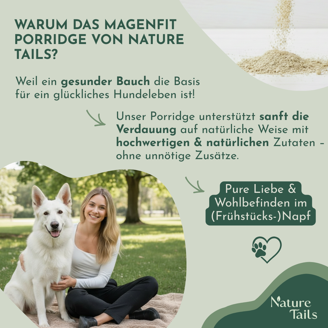 Nature Tails – MAGENFIT Hunde Porridge mit Prä- & Probiotika gegen Magenprobleme | Darmkur | verbesserte Verdauung | Barf-Zusatz | Leckere Schonkost | Natürliche Zutaten | Fester Kot