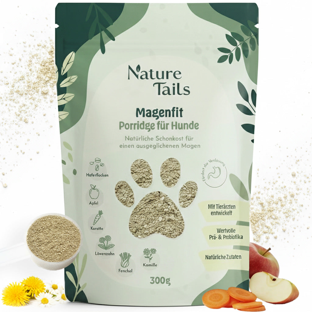 Nature Tails – MAGENFIT Hunde Porridge mit Prä- & Probiotika gegen Magenprobleme | Darmkur | verbesserte Verdauung | Barf-Zusatz | Leckere Schonkost | Natürliche Zutaten | Fester Kot